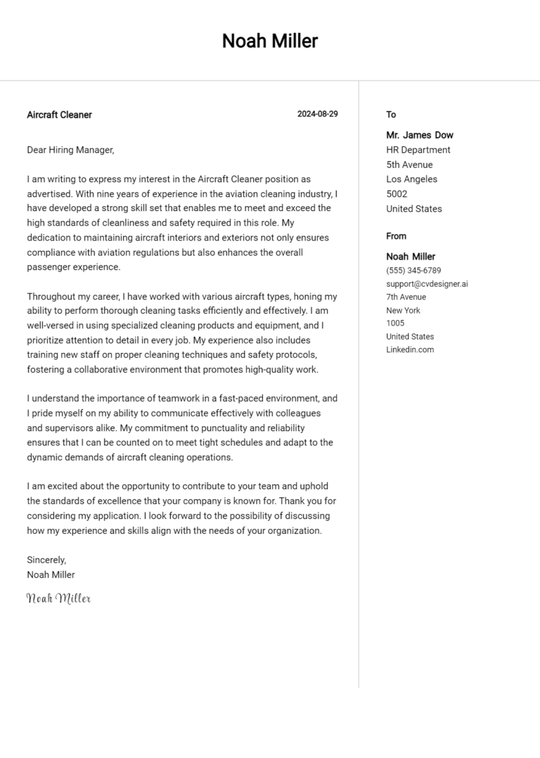 Aircraft Cleaner Cover Letter Example for 2025: Ultimate Guide