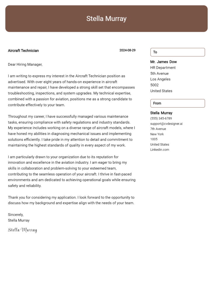 aircraft technician cover letter example