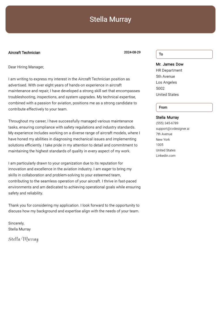 Aircraft Technician Cover Letter Example for 2025: Proven Tips