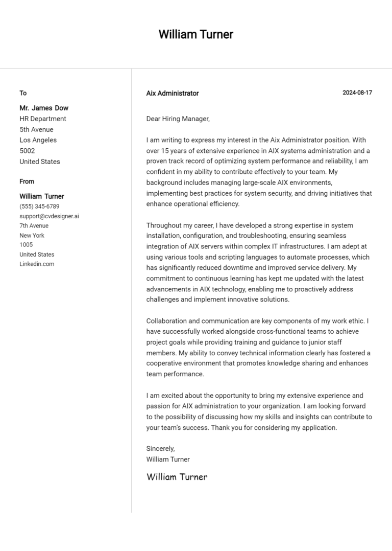 Aix Administrator Cover Letter Examples with Writing Tips for 2025 1 Aix Administrator Cover Letter Examples with Writing Tips for 2025