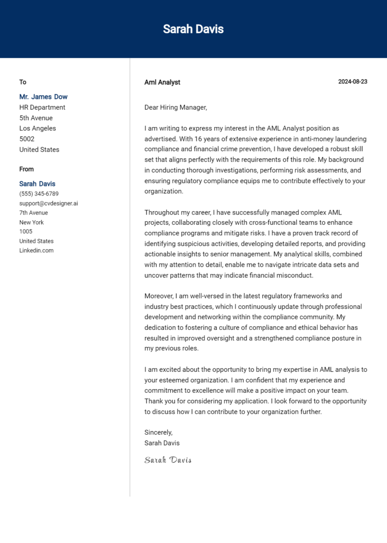 AML Analyst Cover Letter Examples & Samples for 2025