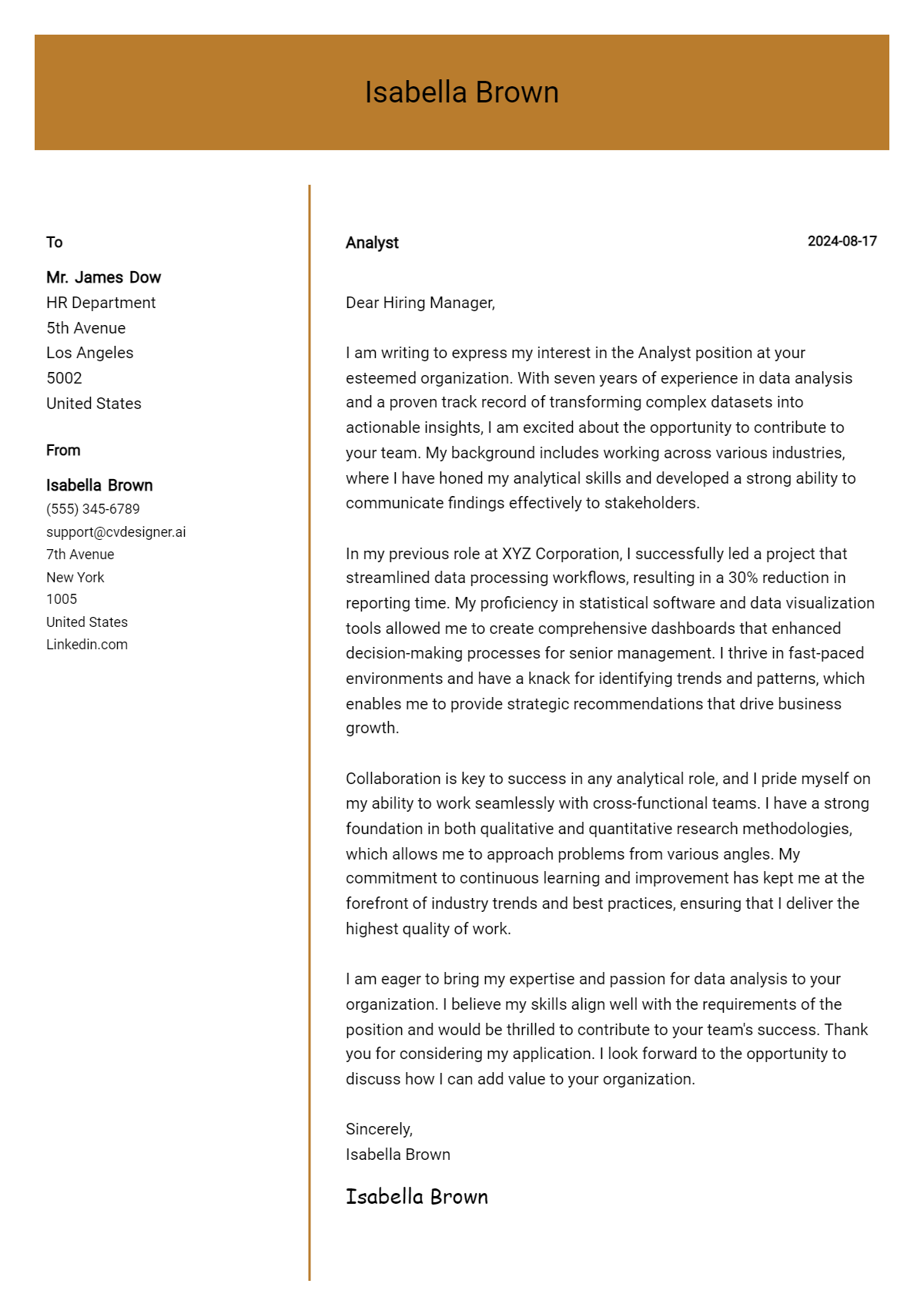 analyst cover letter example