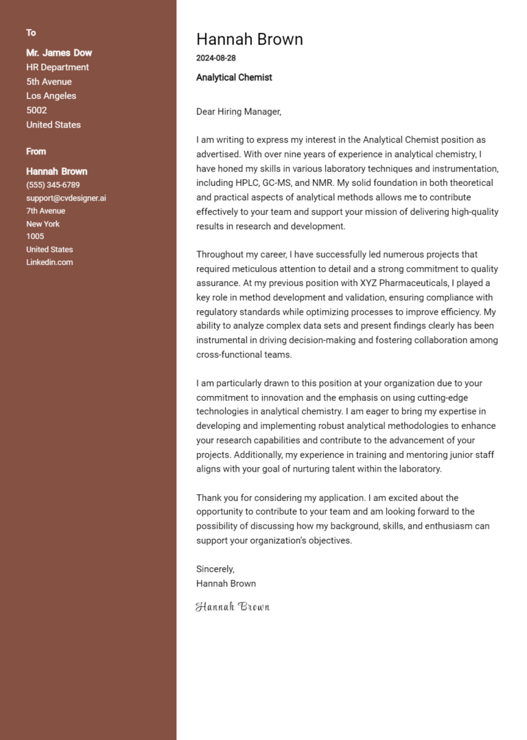Analytical Chemist Cover Letter Examples with Writing Tips for 2025
