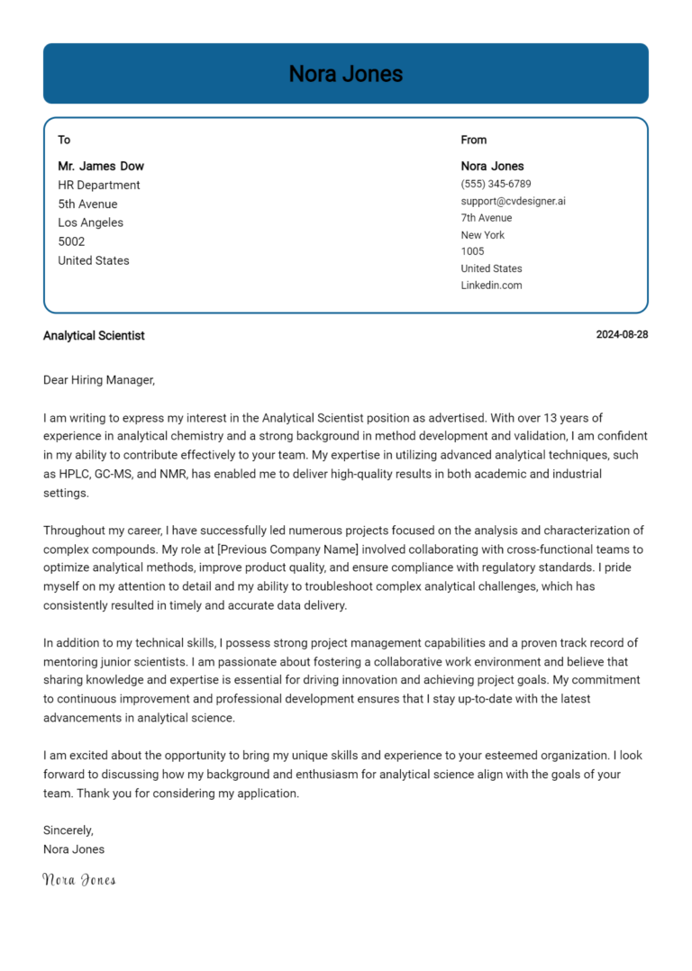 Analytical Scientist Cover Letter Example for 2025: Tips & Templates