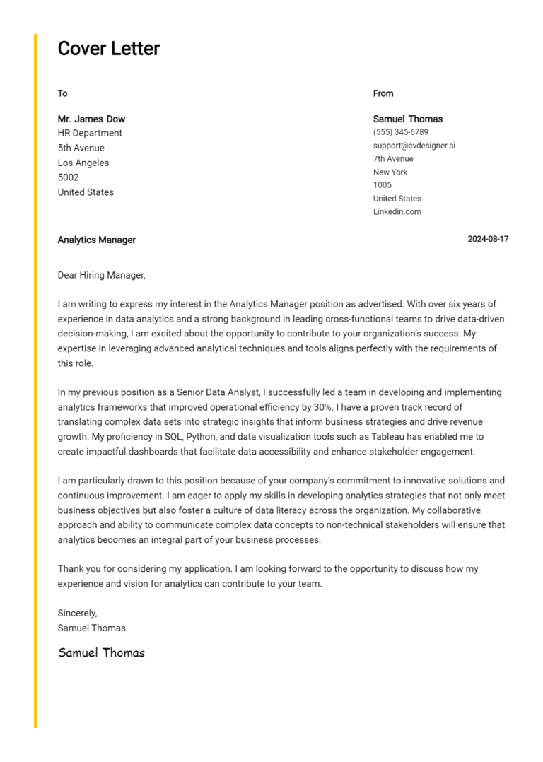Analytics Manager Cover Letter Samples & Examples 2025