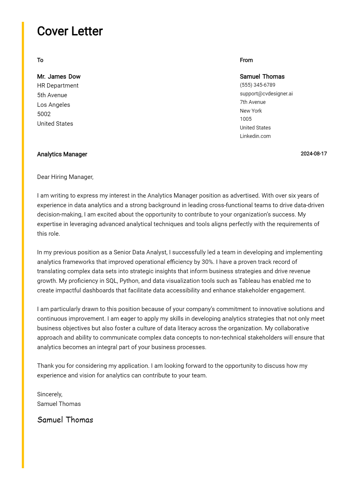 Analytics Manager Cover Letter Samples & Examples 2024 - CVDesigner.ai