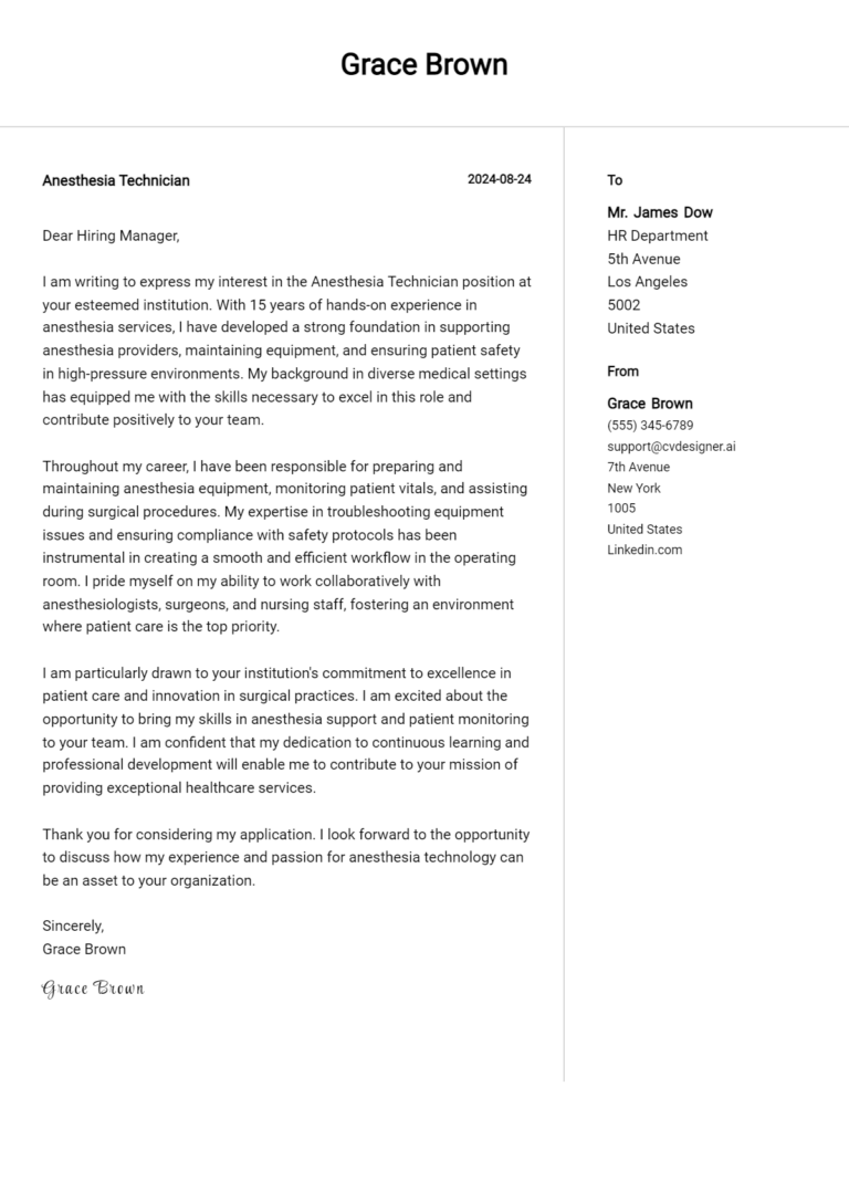 Anesthesia Technician Cover Letter Example for 2025 (Writing Guide)