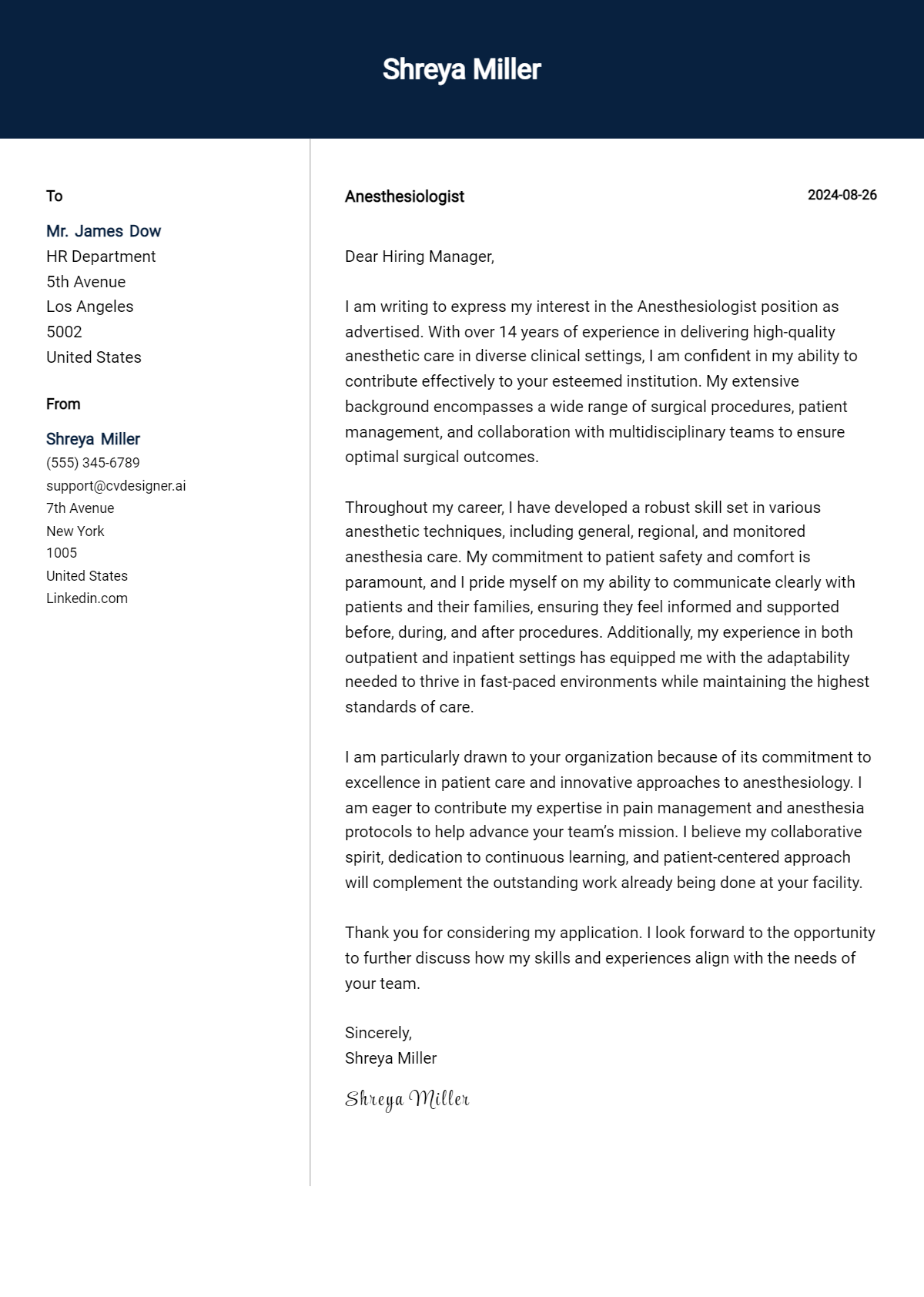 anesthesiologist cover letter example
