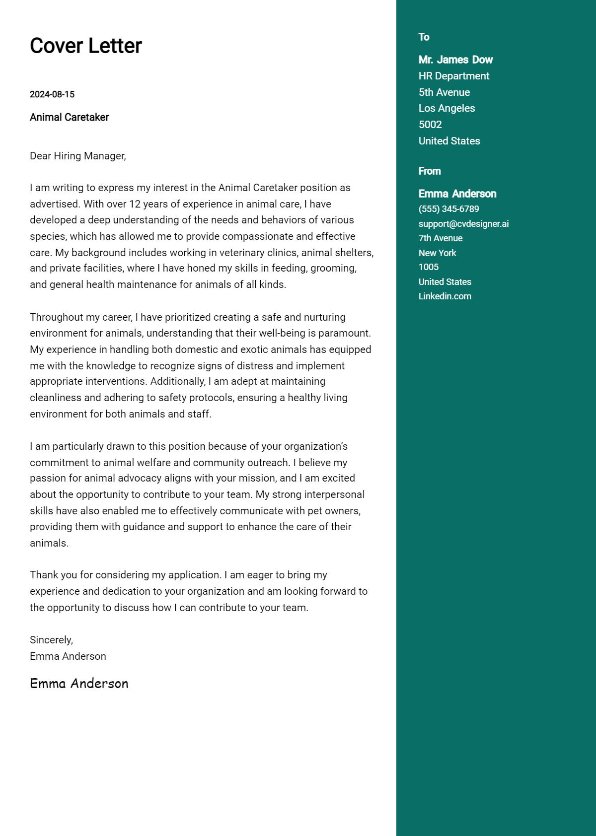 animal caretaker cover letter example