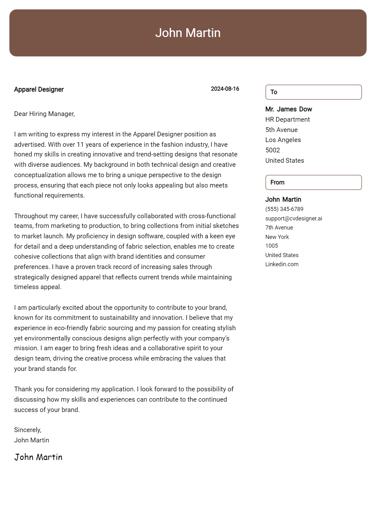 apparel designer cover letter example