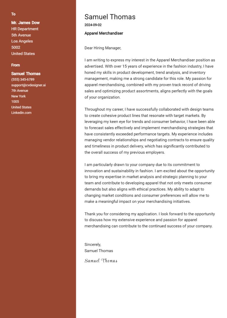 Apparel Merchandiser Cover Letter Example for 2025 (Writing Guide)