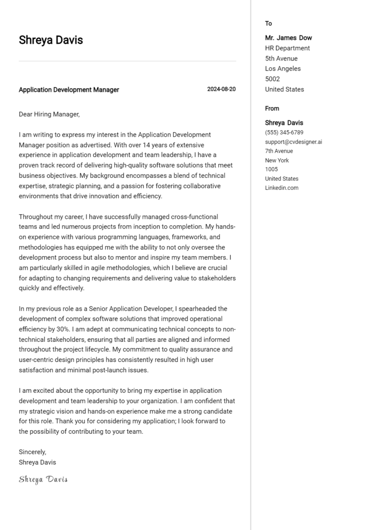 Application Development Manager Cover Letter Example for 2025 (Download Templates)