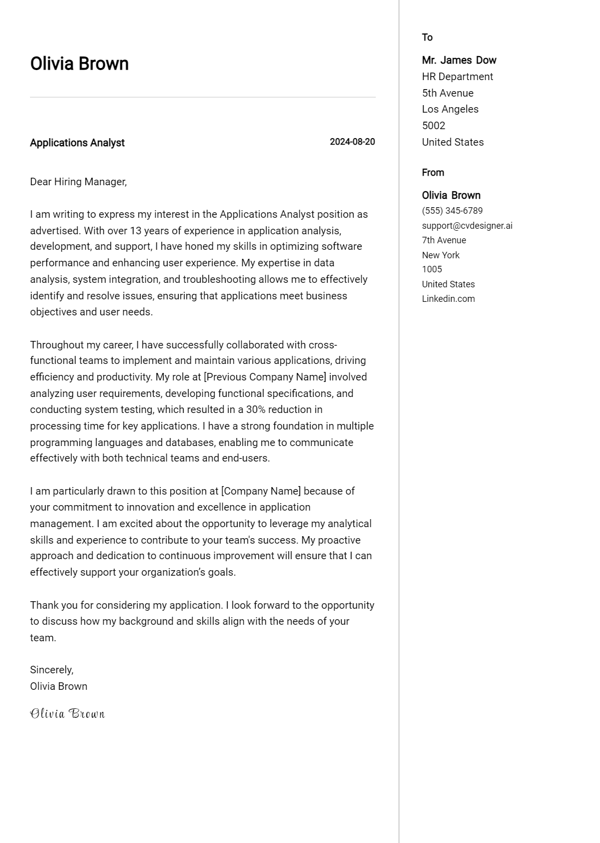 applications analyst cover letter example