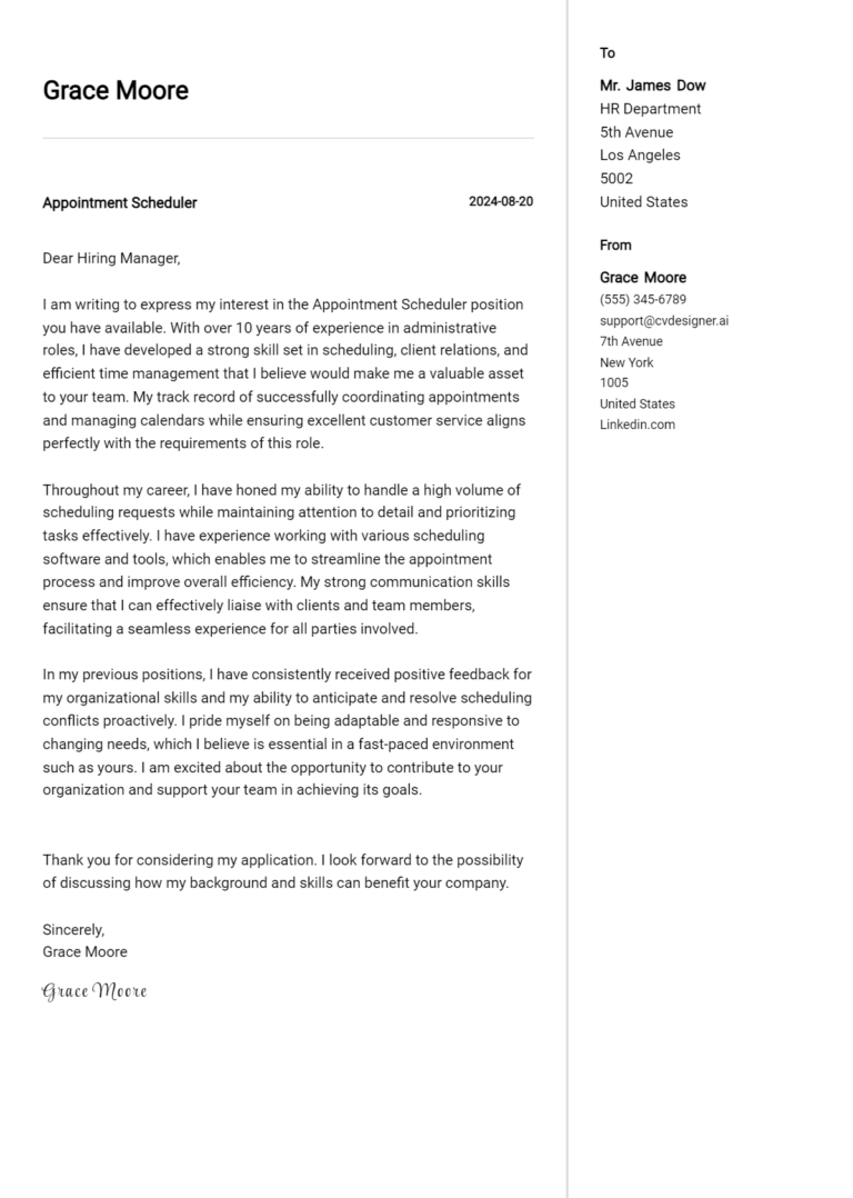 Appointment Scheduler Cover Letter Examples with Writing Tips for 2025 1 Appointment Scheduler Cover Letter Examples with Writing Tips for 2025