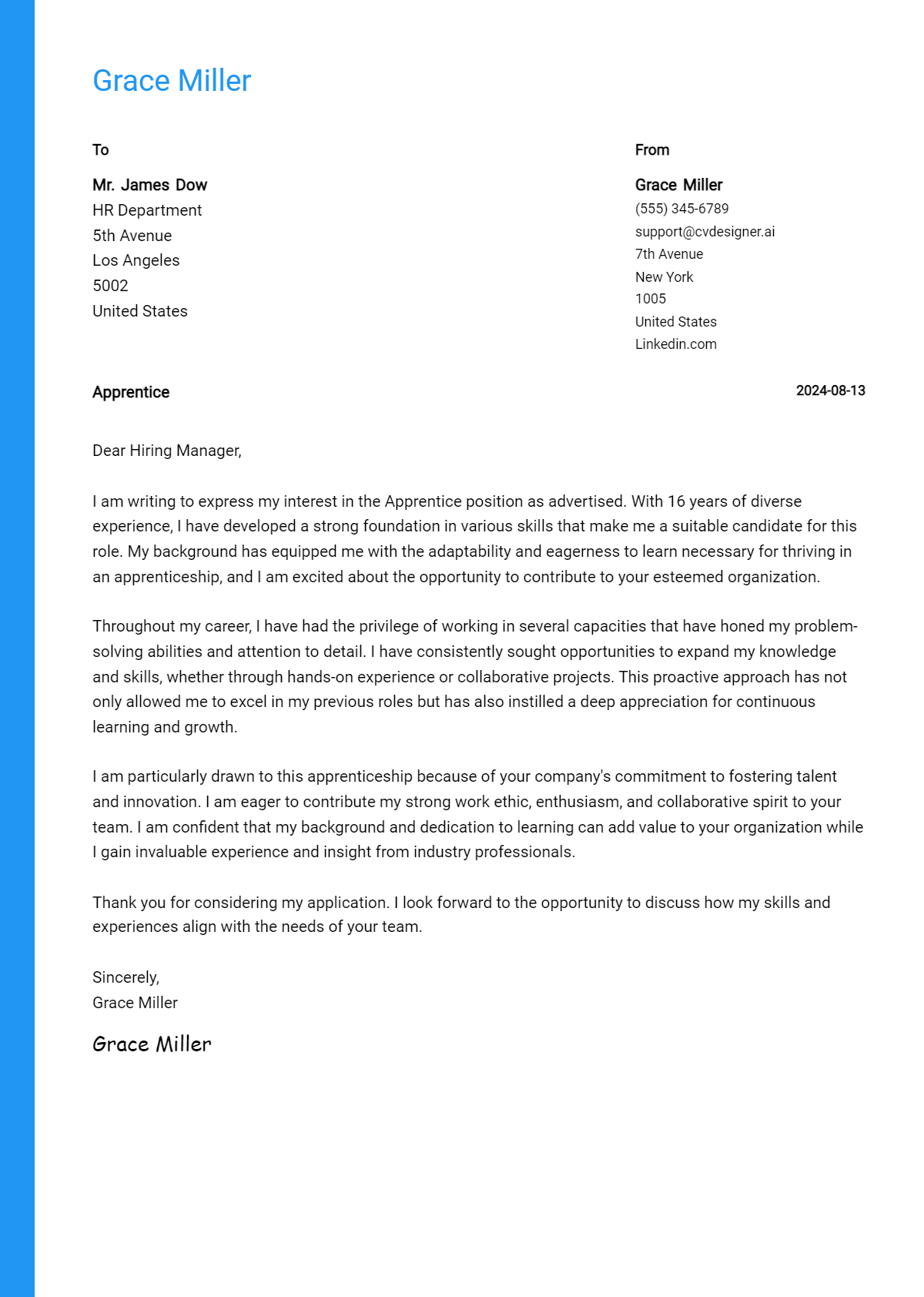 apprentice cover letter example