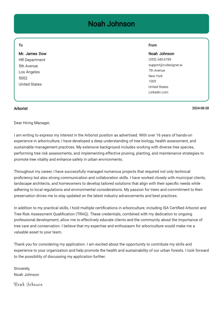 Arborist Cover Letter Example for 2025 (Download Templates) 1 Arborist Cover Letter Example for 2025 (Download Templates)