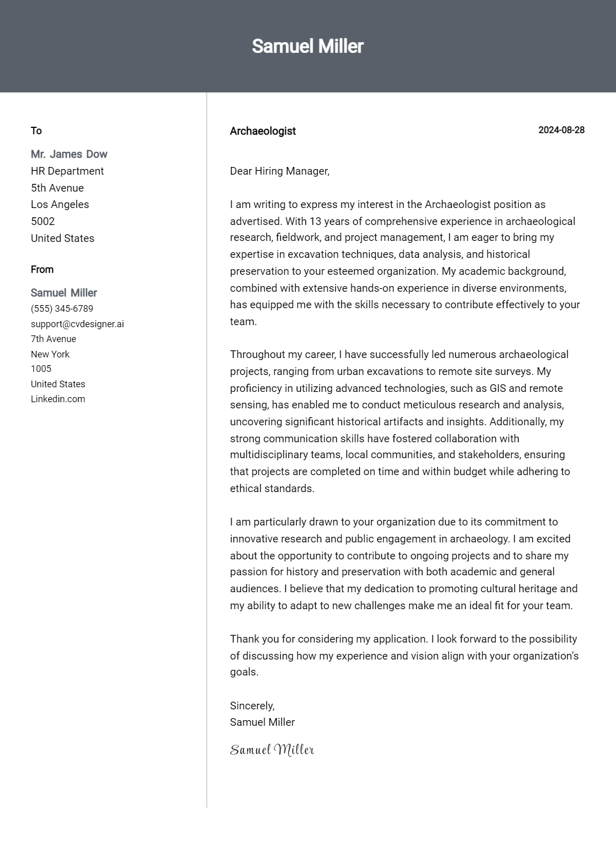 archaeologist cover letter example