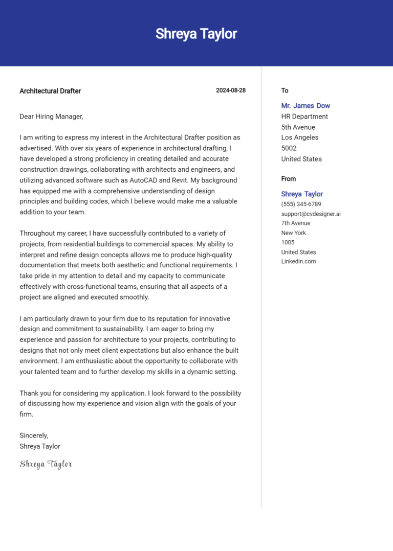 Architectural Drafter Cover Letter Example for 2025 (Download Templates)