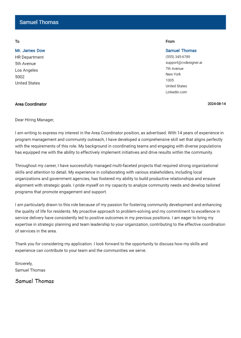 Area Coordinator Cover Letter Examples with Writing Tips for 2025
