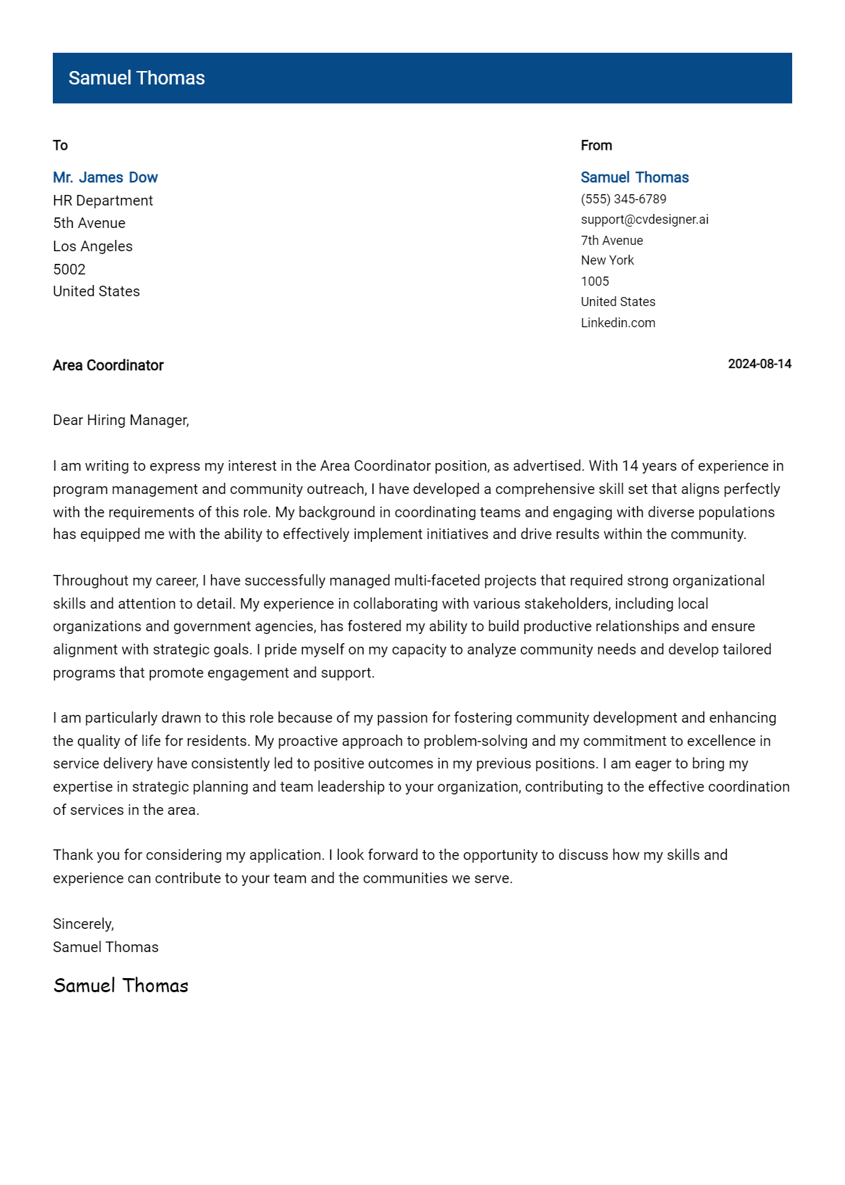area coordinator cover letter example
