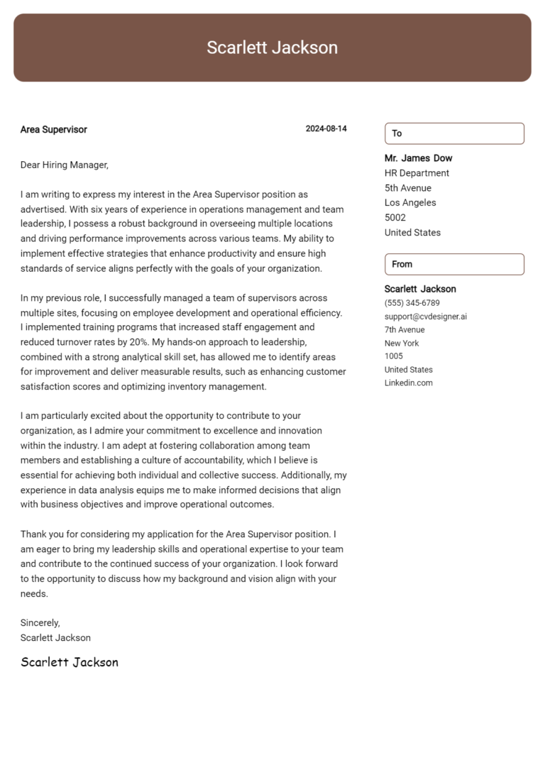 Area Supervisor Cover Letter Example for 2025: Free Templates