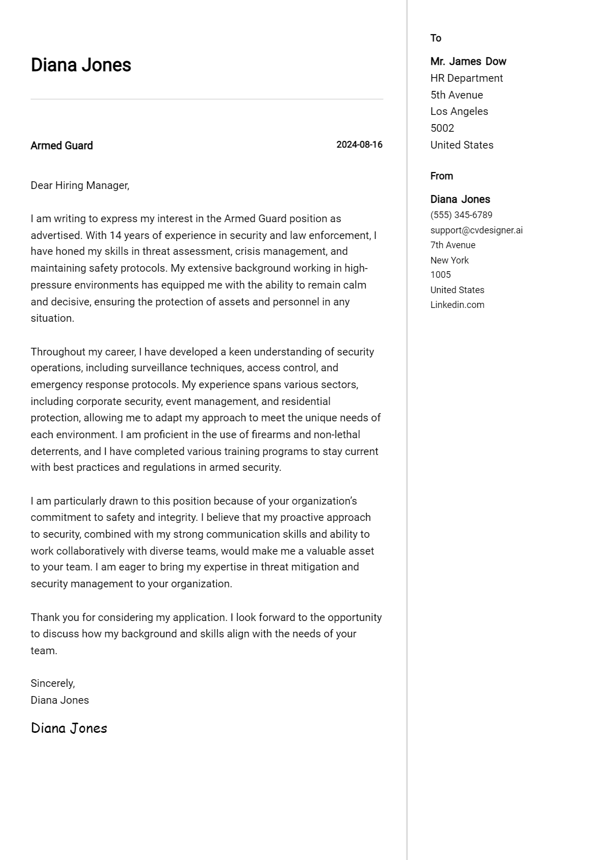 armed guard cover letter example