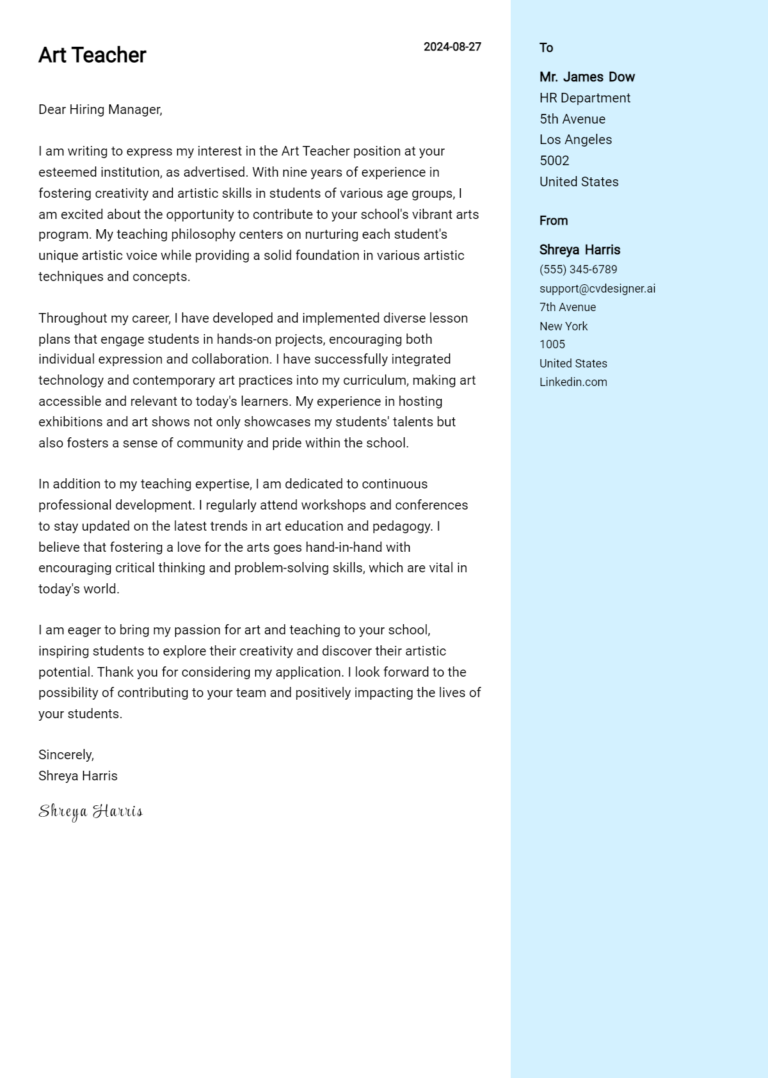Art Teacher Cover Letter Example for 2025: Expert Tips & Templates
