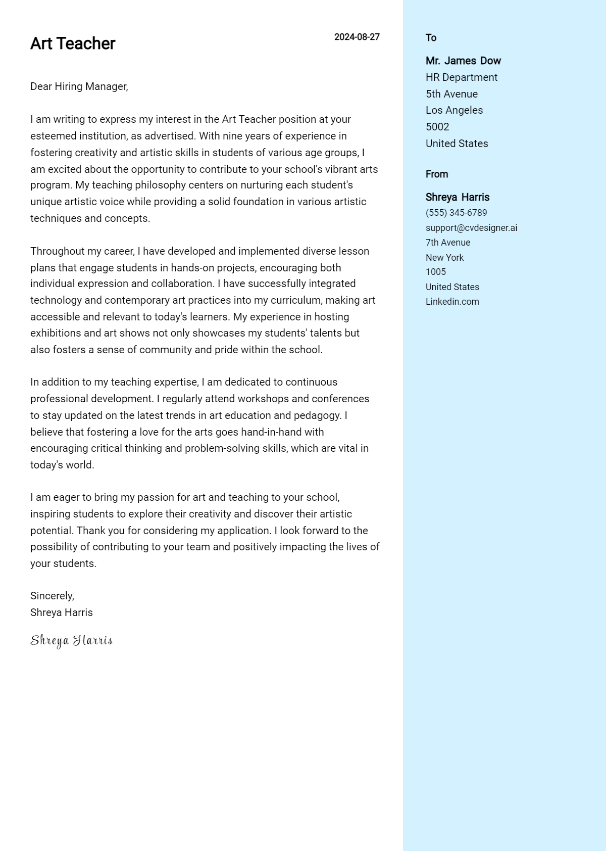 art teacher cover letter example