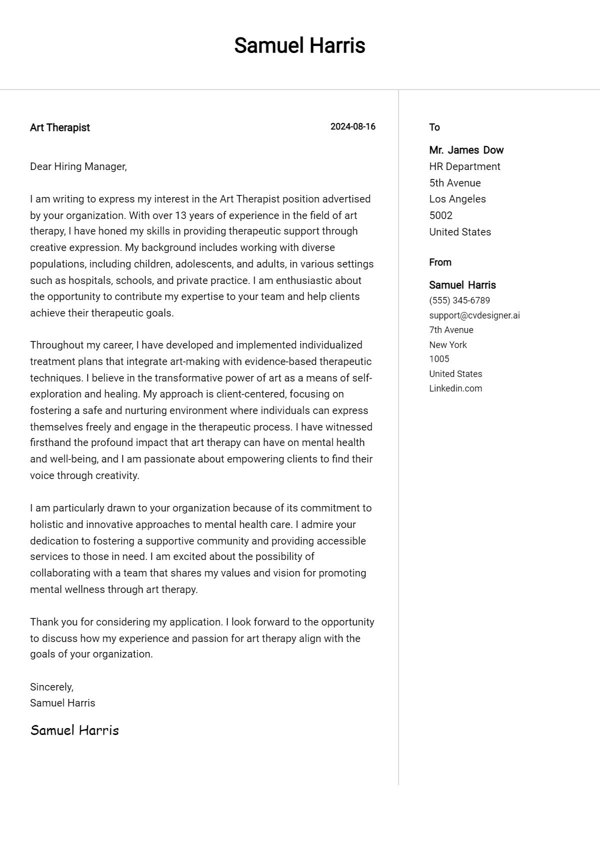 art therapist cover letter example