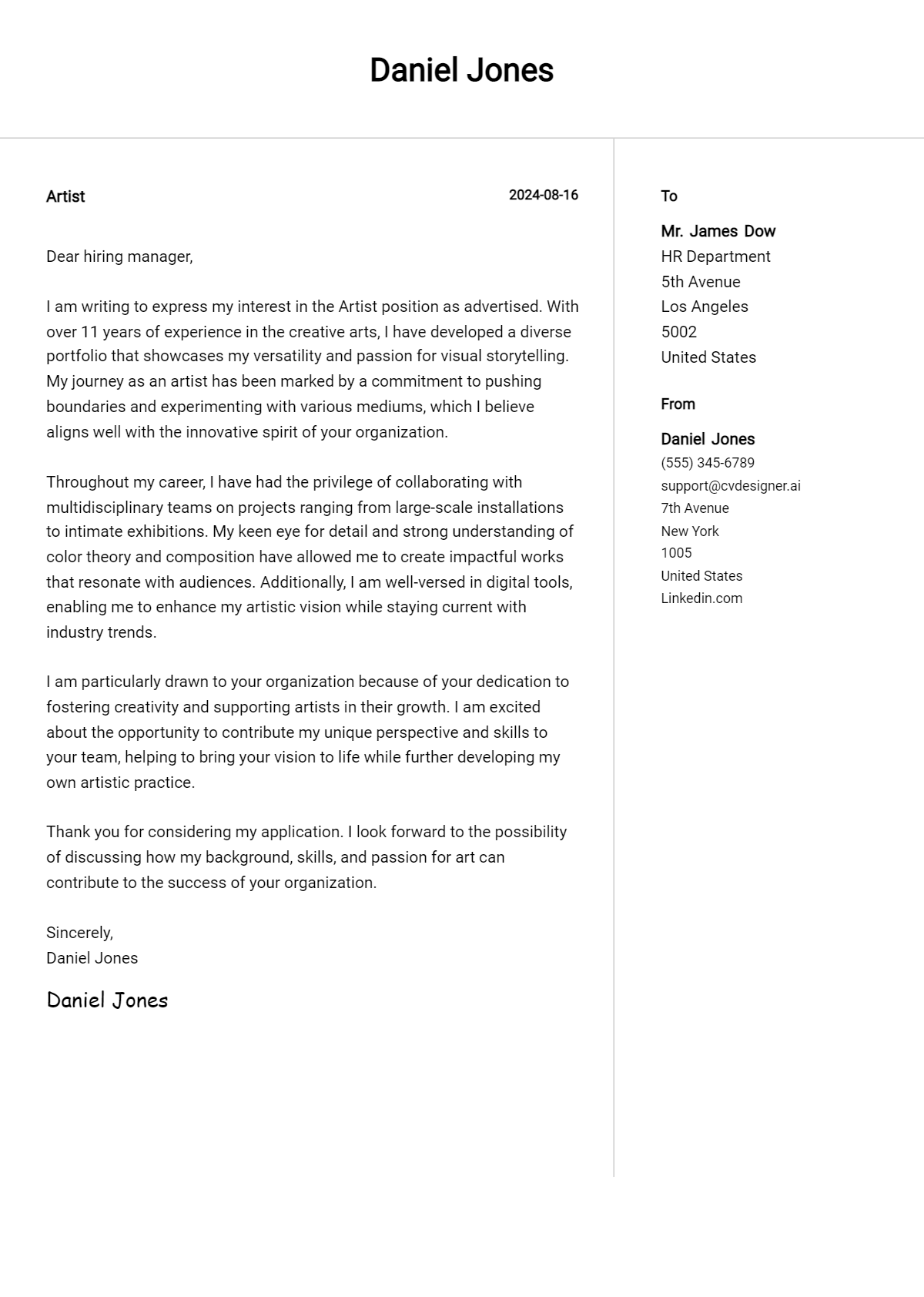 artist cover letter example