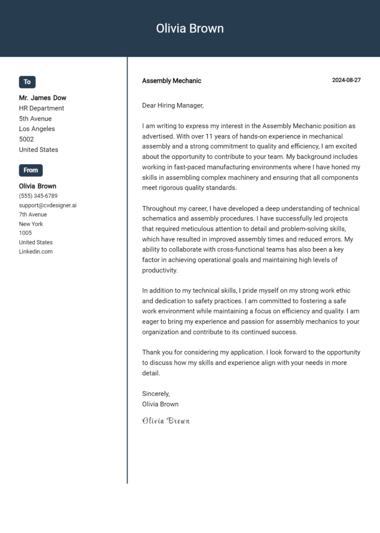 Assembly Mechanic Cover Letter Samples & Examples 2025