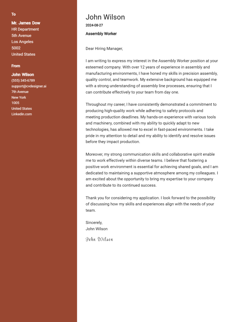 24 Assembly Worker Cover Letter Examples for 2025: Tips & Templates
