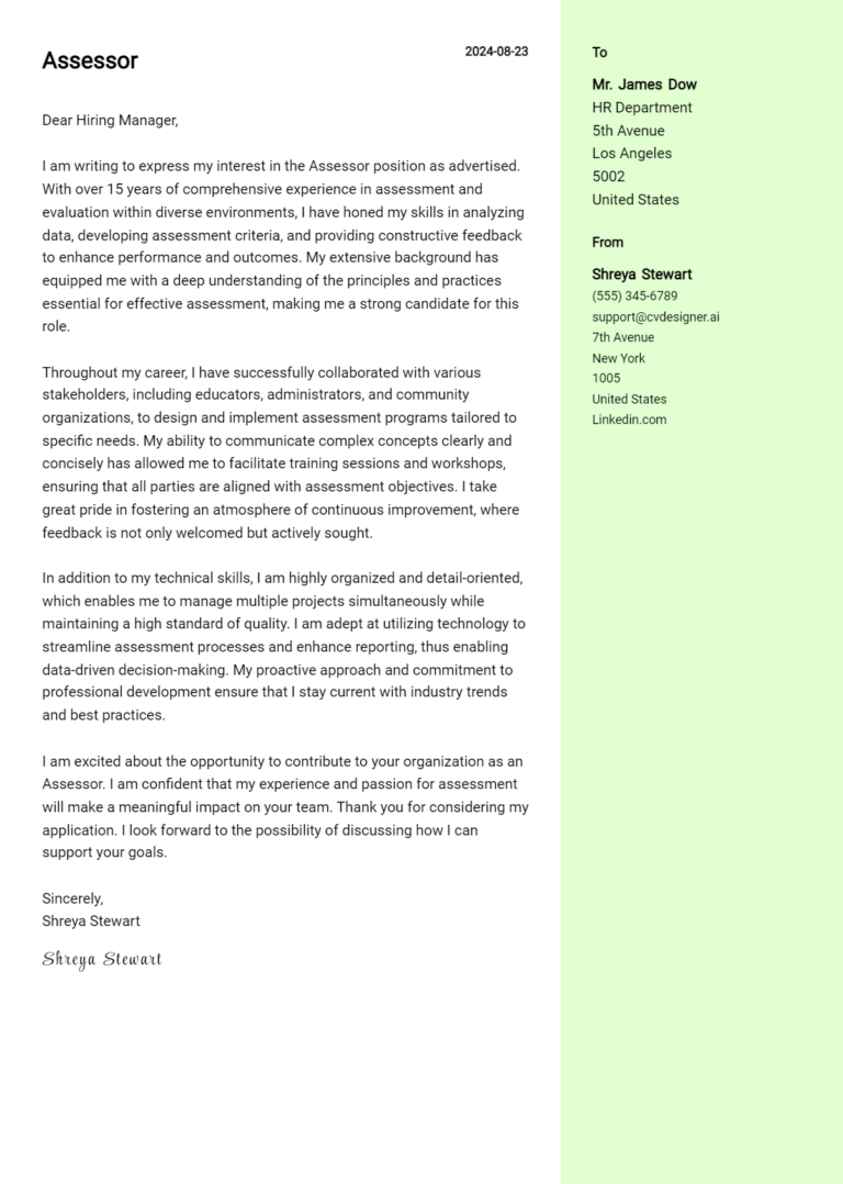 Assessor Cover Letter Example for 2025: Expert Tips & Templates 1 Assessor Cover Letter Example for 2025: Expert Tips & Templates