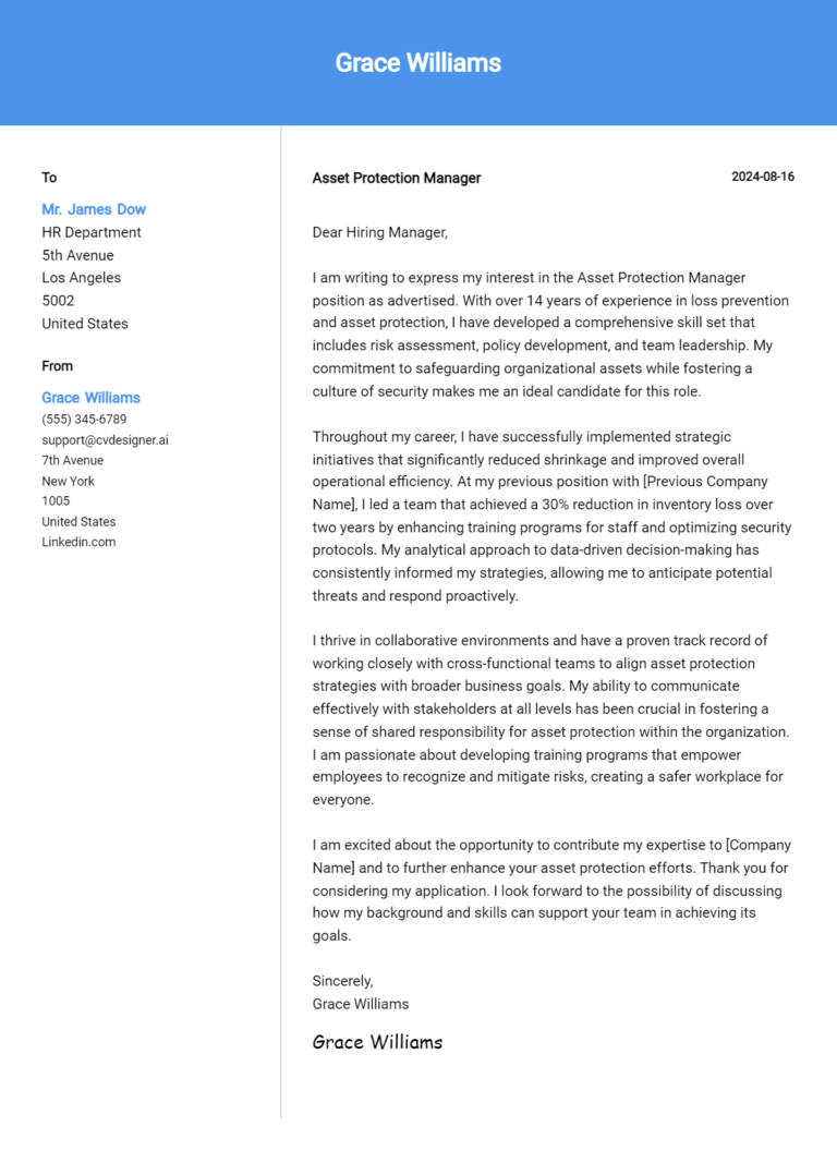 Asset Protection Manager Cover Letter Example for 2025 (Writing Guide)