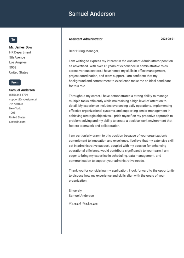 Assistant Administrator Cover Letter Examples and Templates for 2025