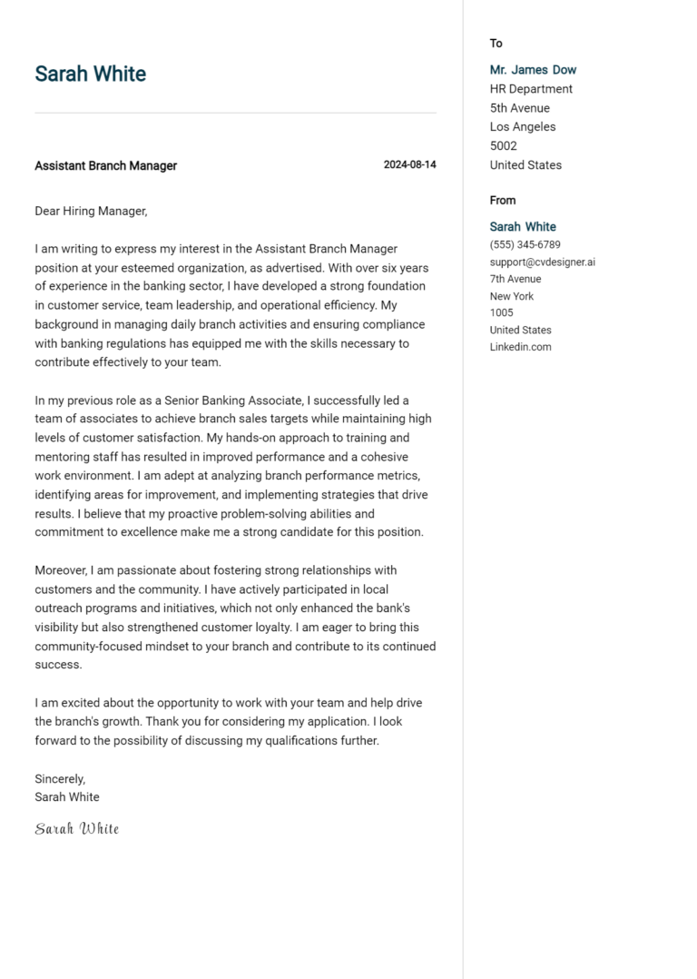 Assistant Branch Manager Cover Letter Examples & Samples for 2025
