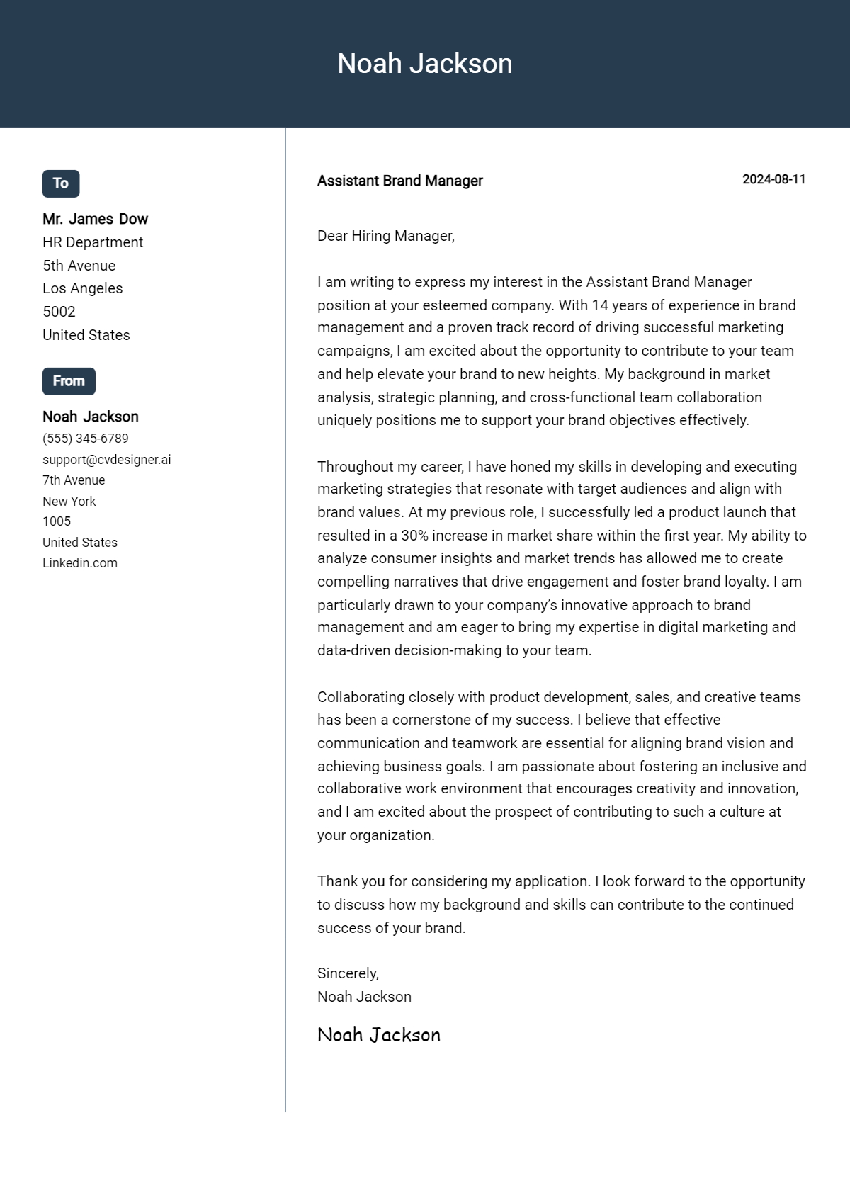 assistant brand manager cover letter example