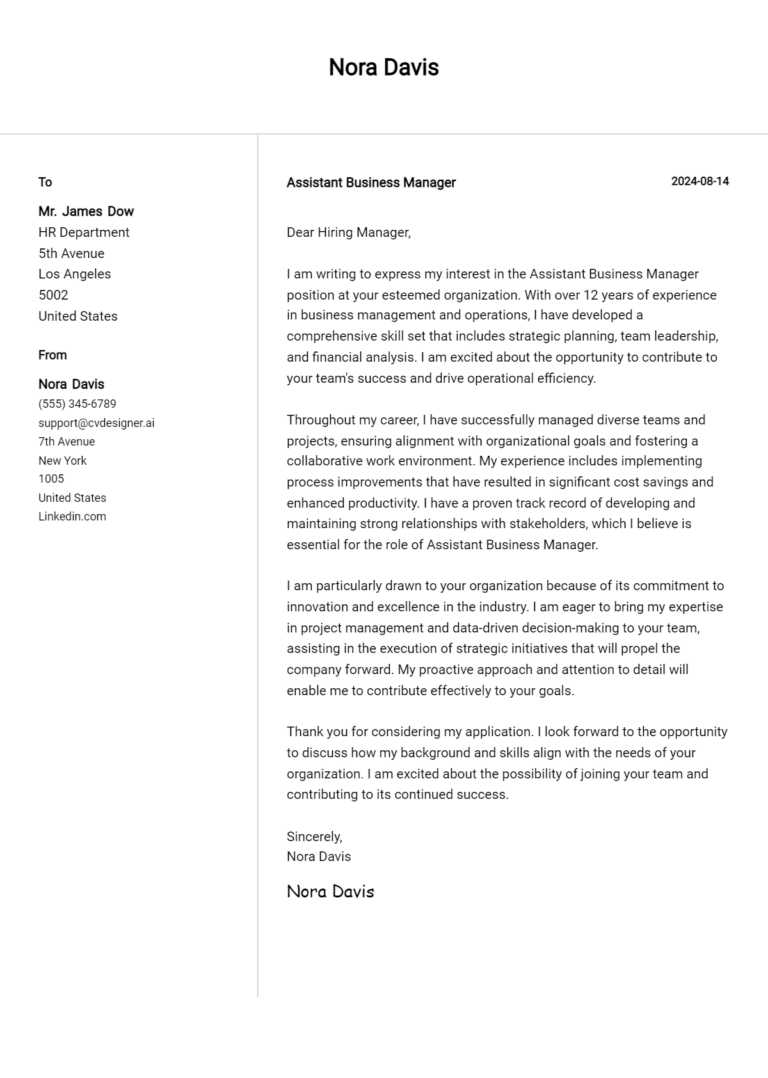 Assistant Business Manager Cover Letter Example for 2025 (Free Templates)
