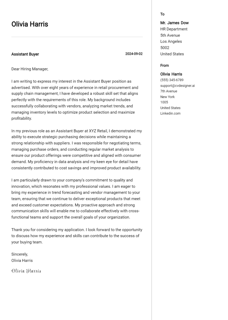 Assistant Buyer Cover Letter Example for 2025: Tips & Templates