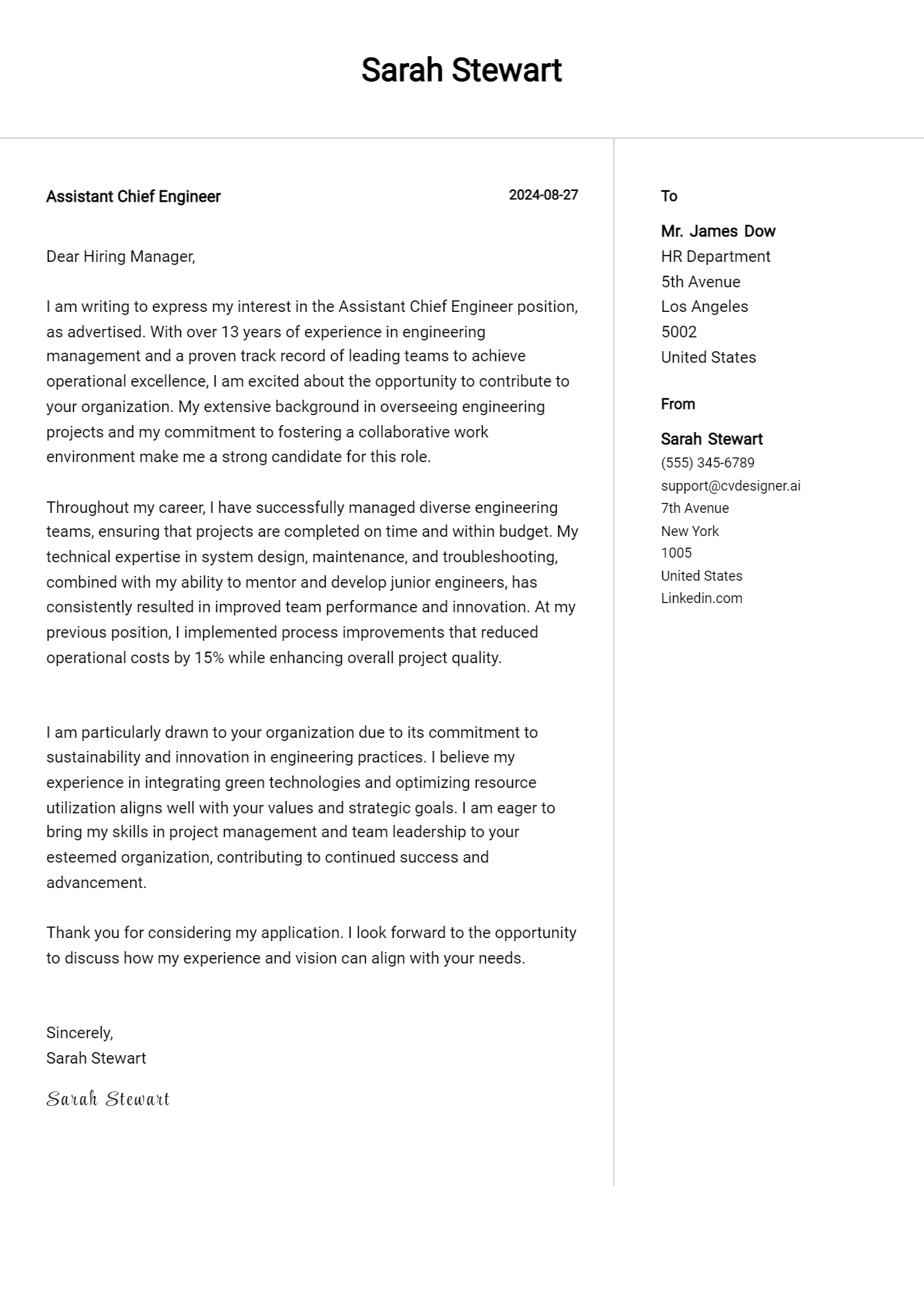 assistant chief engineer cover letter example