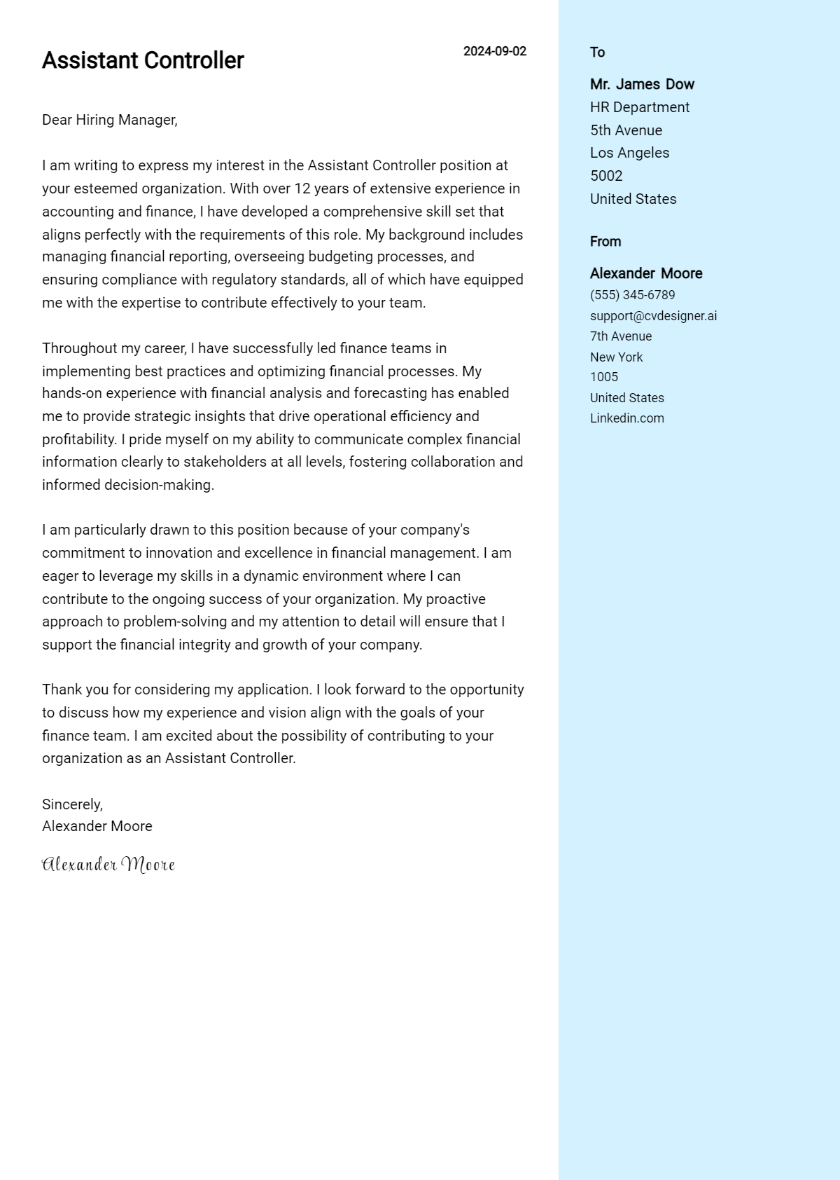 assistant controller cover letter example