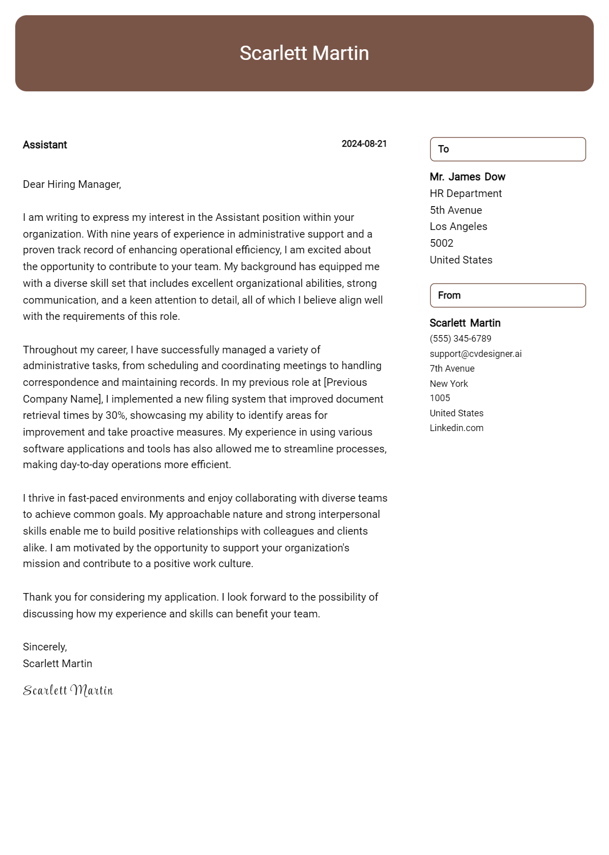 assistant cover letter example