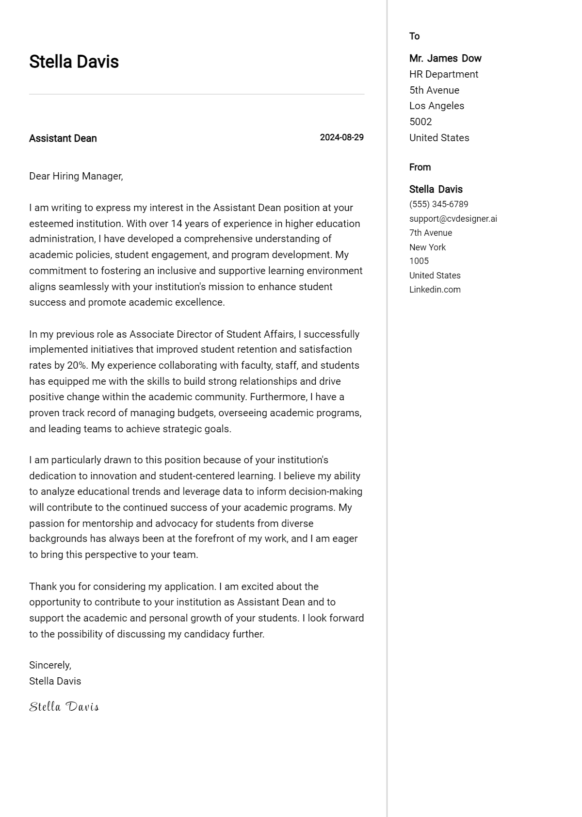 assistant dean cover letter example