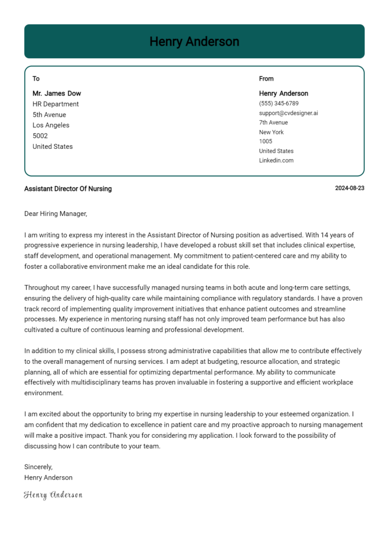 Assistant Director Of Nursing Cover Letter Example for 2025 (Complete Writing Guide)