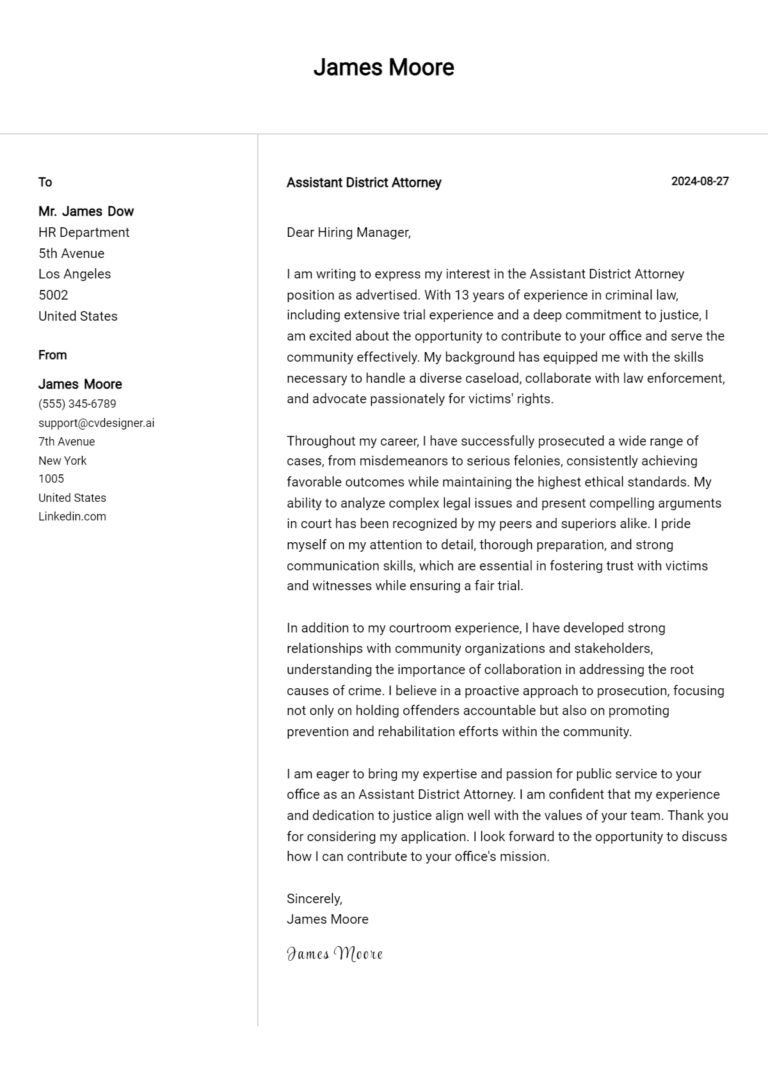 Assistant District Attorney Cover Letter Example for 2025: Top CV Skills