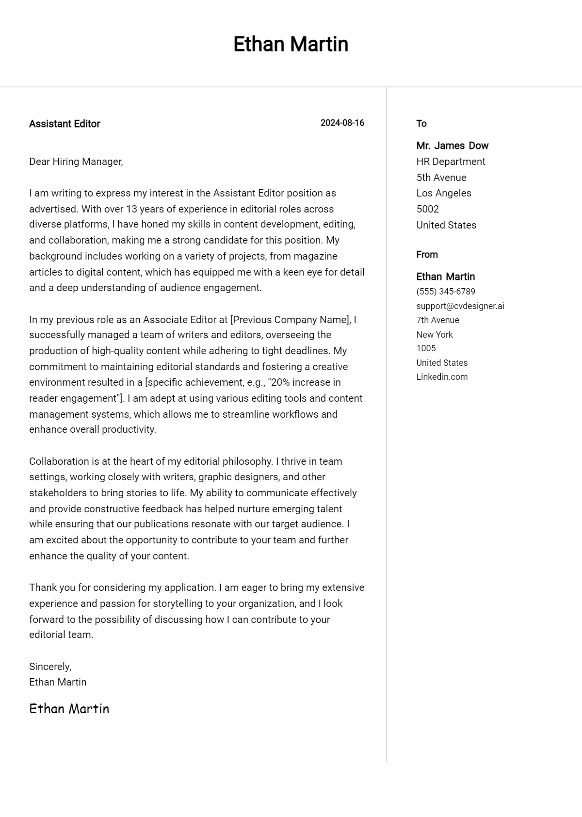 assistant editor cover letter example