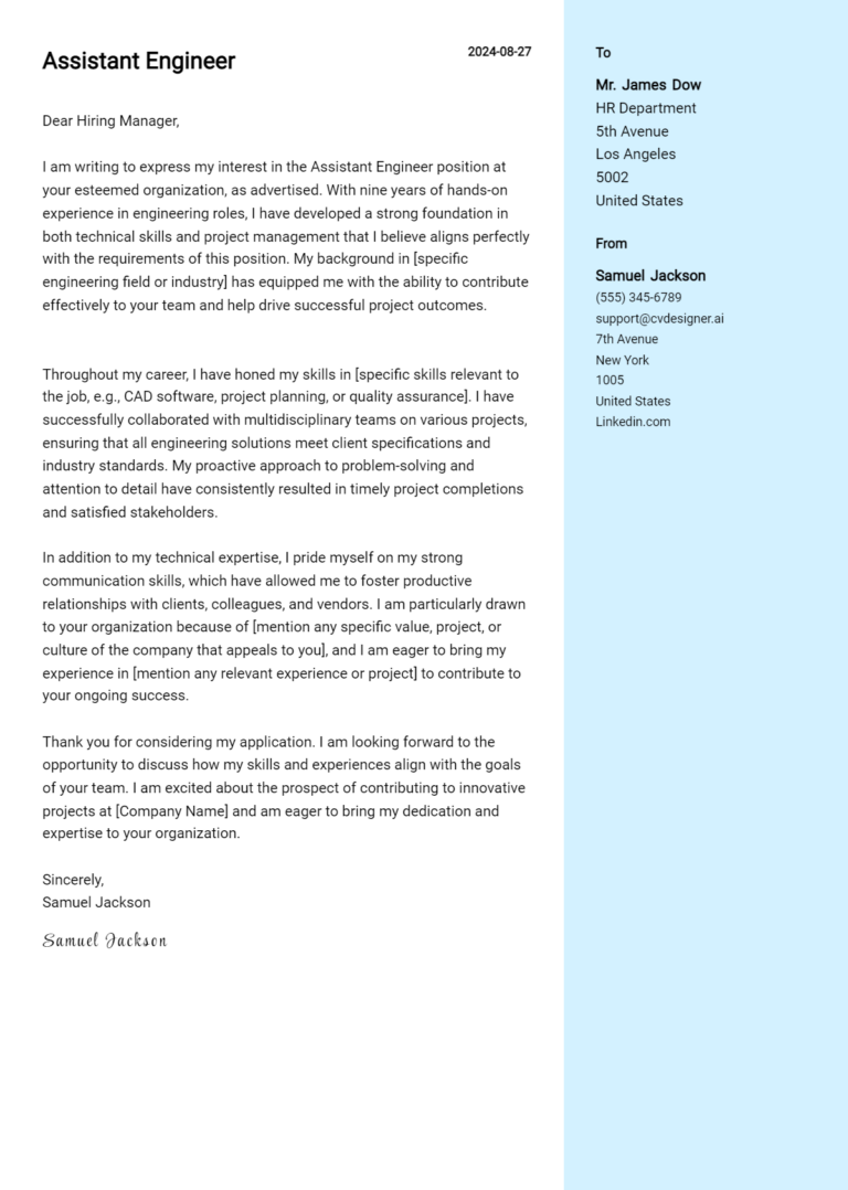 Assistant Engineer Cover Letter Example for 2025: Expert Tips & Templates 1 Assistant Engineer Cover Letter Example for 2025: Expert Tips & Templates