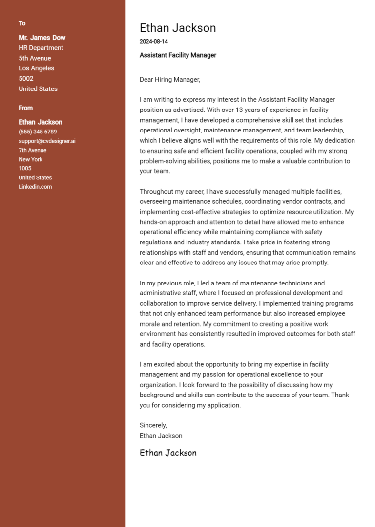 Assistant Facility Manager Cover Letter Example for 2025 (Complete Writing Guide) 1 Assistant Facility Manager Cover Letter Example for 2025 (Complete Writing Guide)