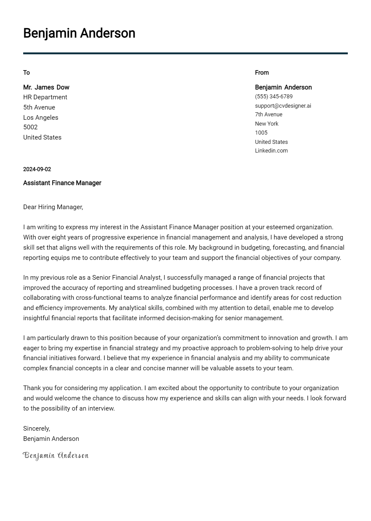 assistant finance manager cover letter example