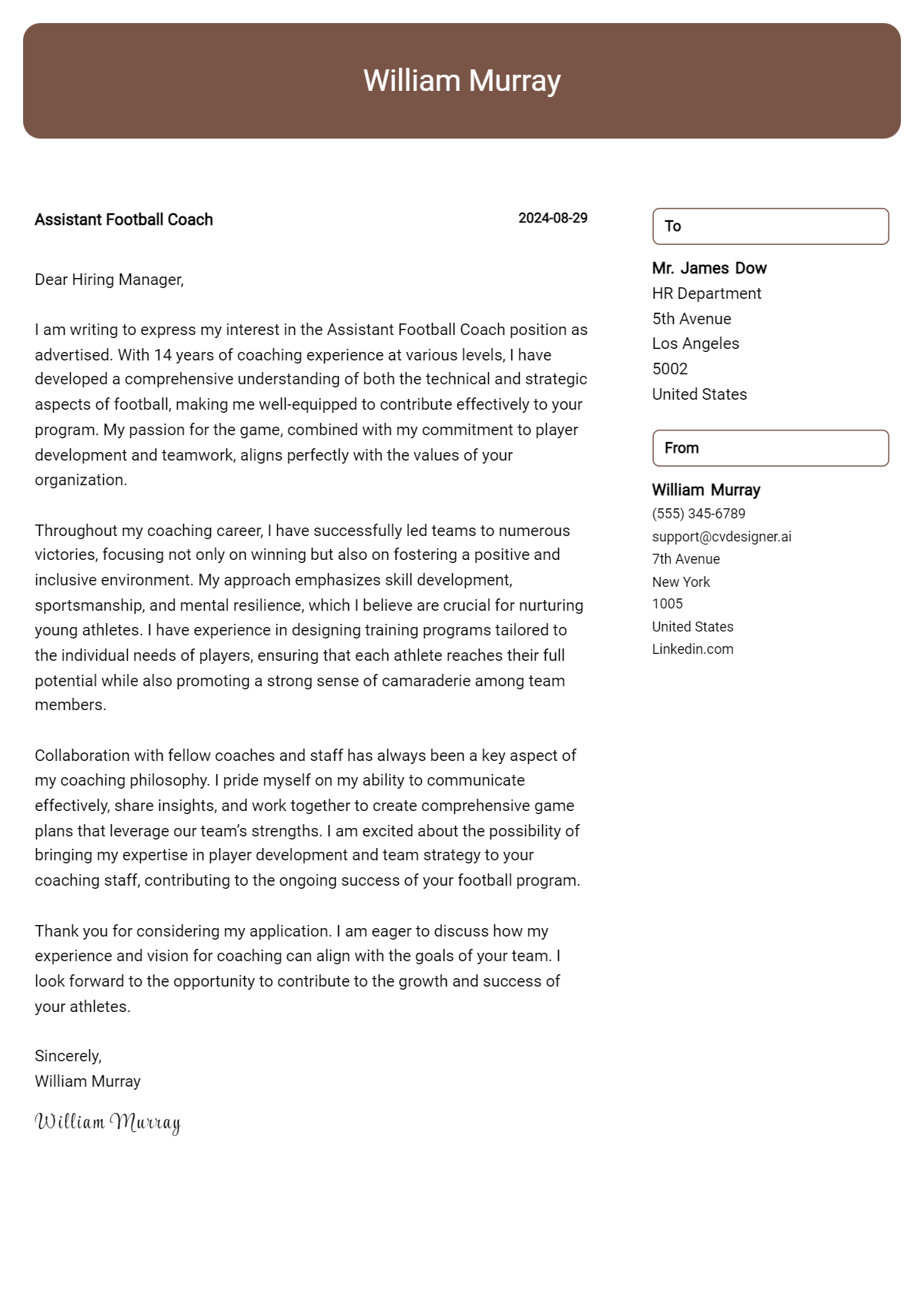 assistant football coach cover letter example